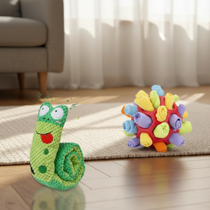 Interactive dog enrichment toy set for mental stimulation. Features durable puzzle and treat dispensing elements for pet play.