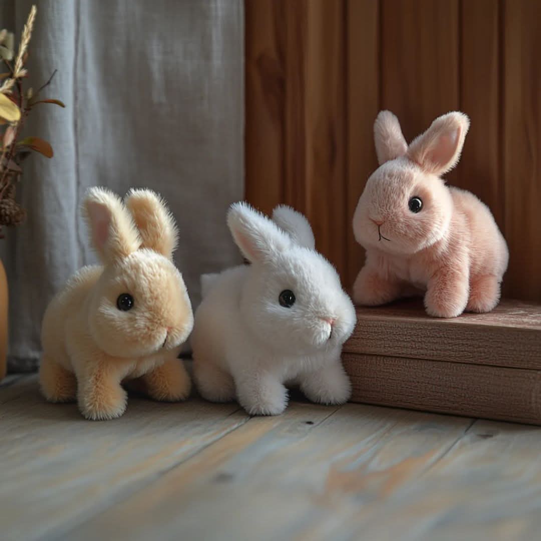 Close-up of a fluffy interactive plush bunny with realistic movements, a soft and engaging comfort toy for children.