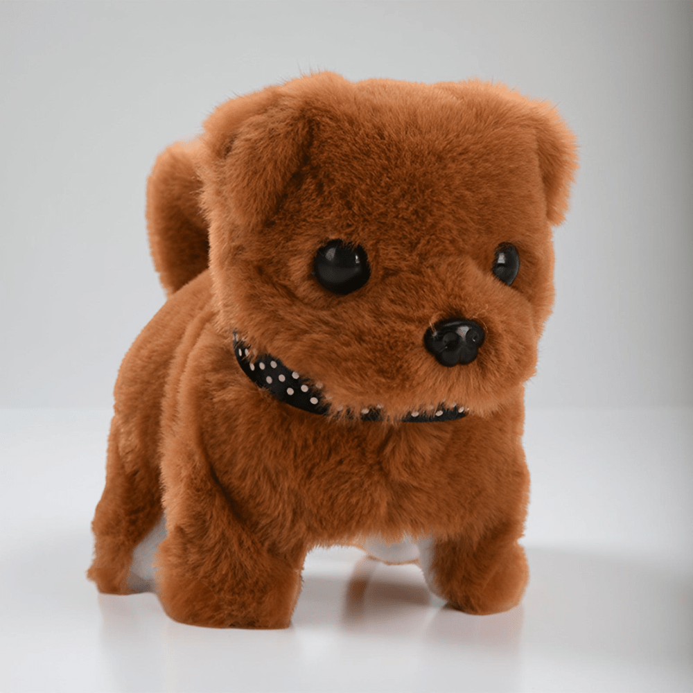 Cute plush puppy toy that walks and barks, offering interactive fun for children. A soft, battery-operated pet animal.