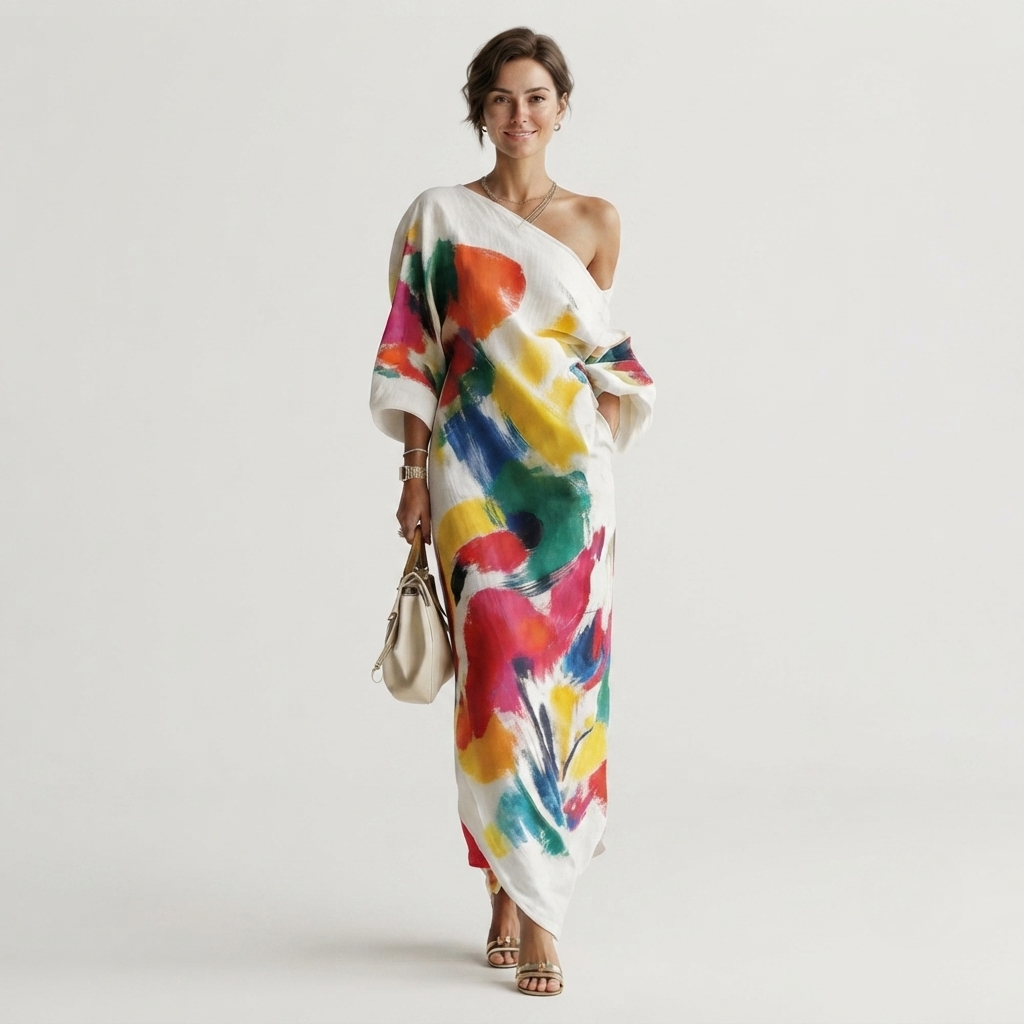 Women's stylish abstract print one-shoulder maxi dress, perfect for elegant parties & evening wear.