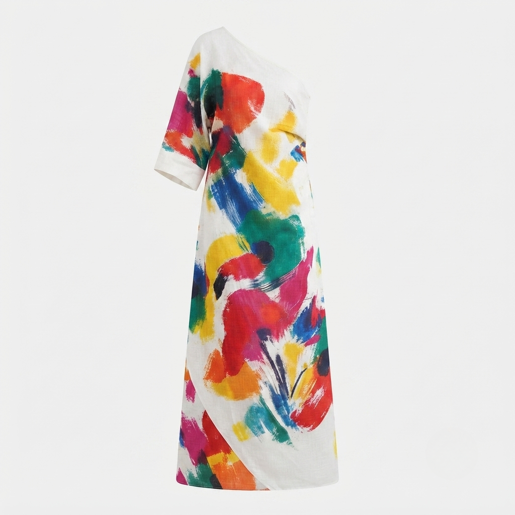 Flowing one-shoulder abstract maxi dress for women, ideal for resort wear, parties, and comfortable style.
