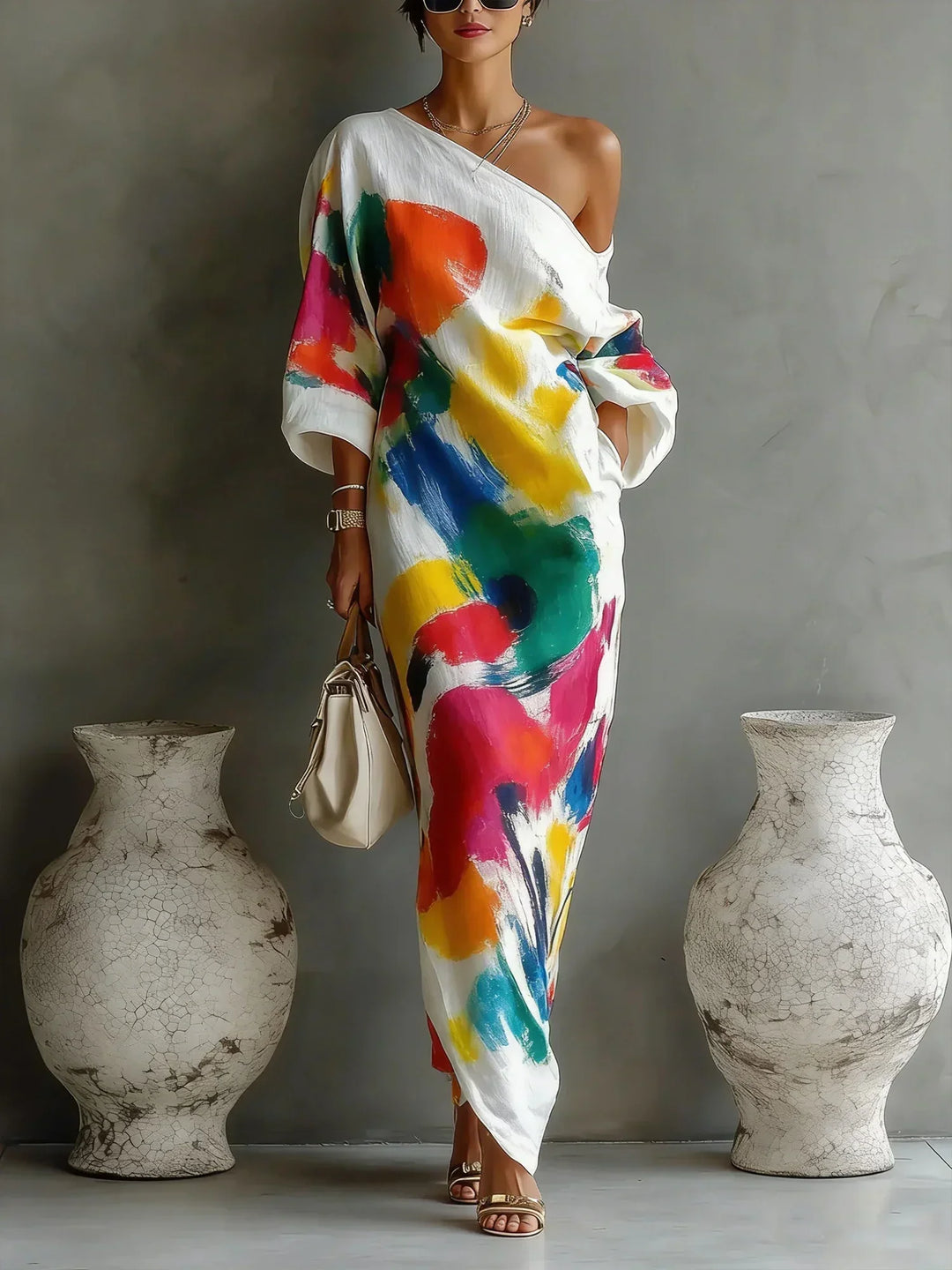 Elegant one-shoulder abstract print maxi dress for women, a stylish formal or party statement gown.