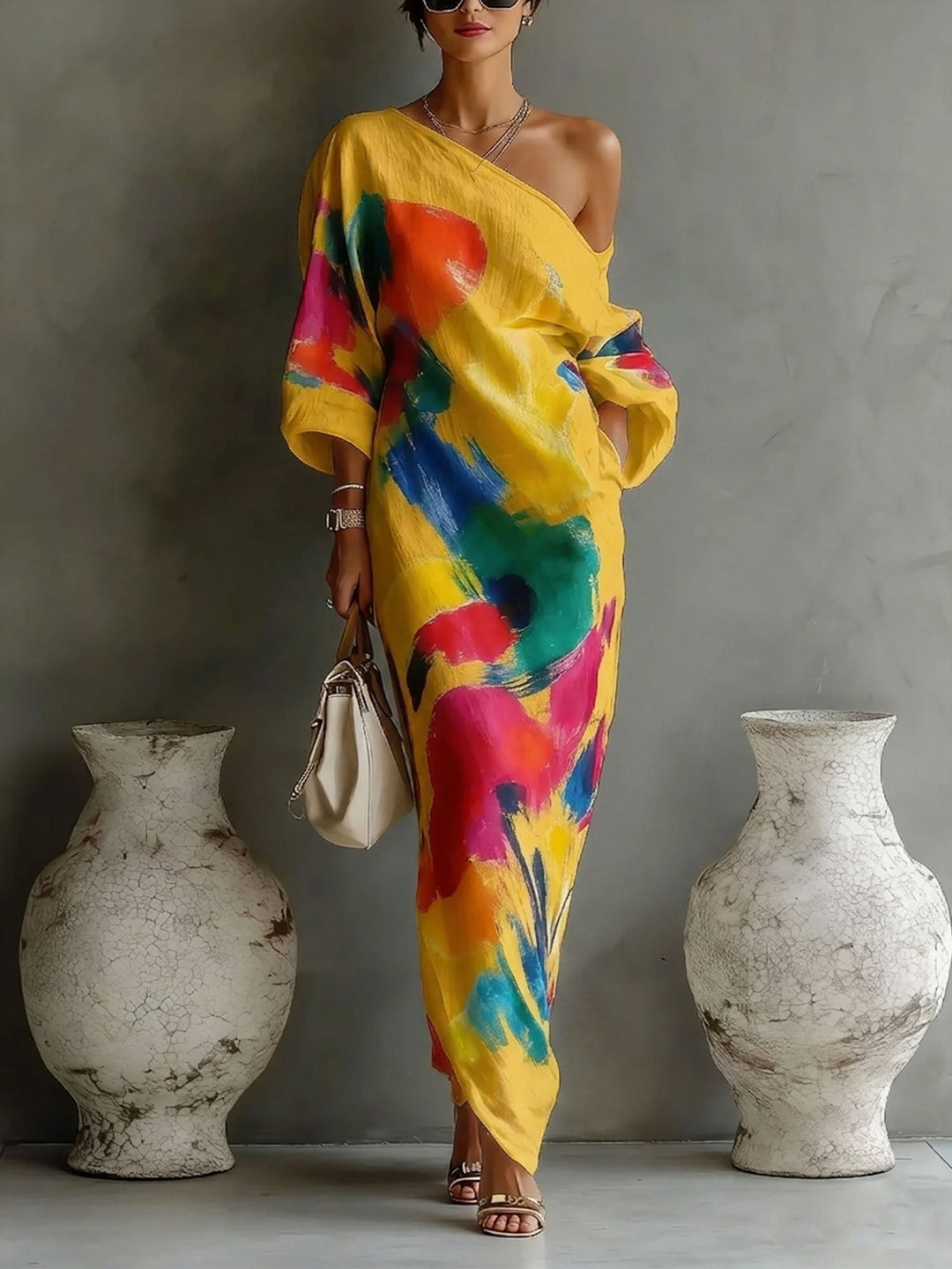 Abstract print one-shoulder maxi dress for women, a comfortable and stylish statement piece for any event.
