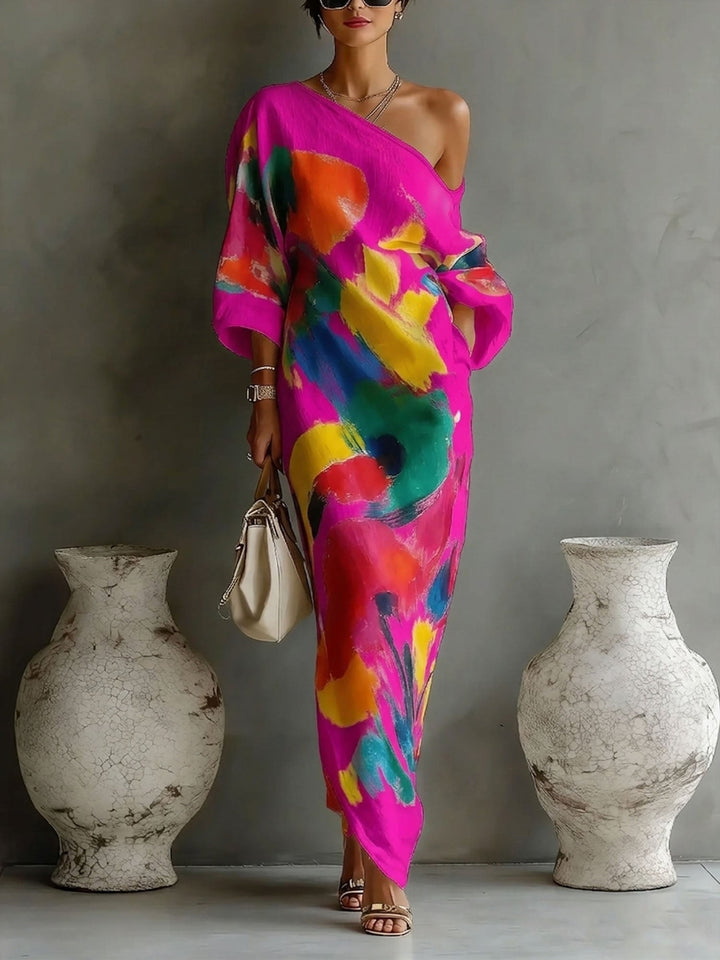 Stylish women's one-shoulder maxi dress with abstract print, suitable for elegant parties, resort, or evening.