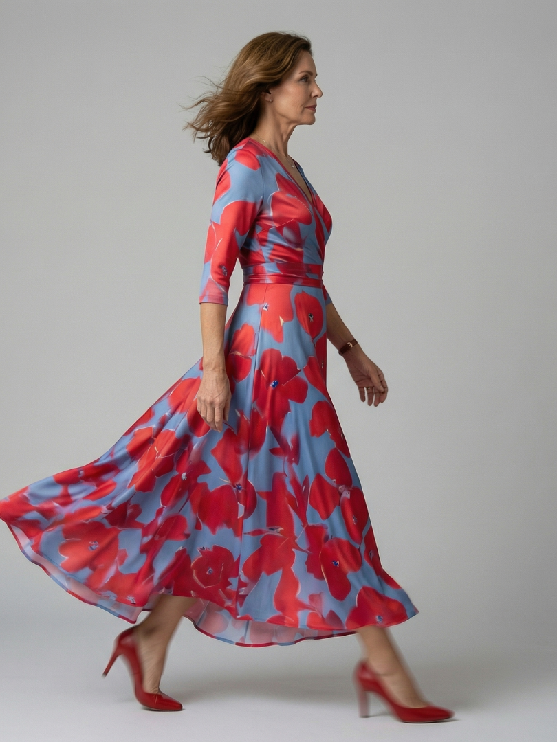 Elegant women's floral wrap midi dress. V-neck, A-line cut, perfect for spring/summer events.
