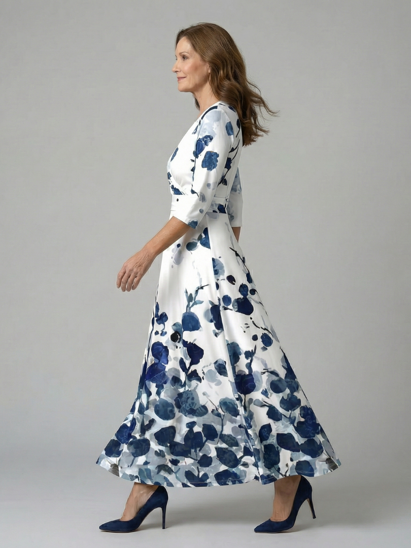 Women's versatile floral midi wrap dress. Elegant option for any spring or summer event, day or night.