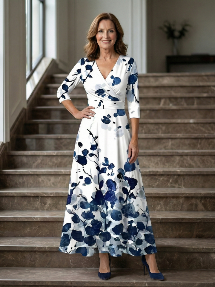 Summer floral wrap midi dress for women. Elegant V-neck and flattering A-line style for all occasions.