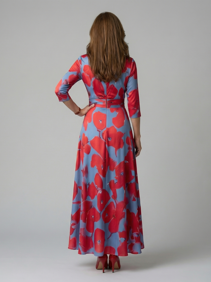 Women's elegant floral wrap midi dress. Ideal for summer parties, event wear, or chic casual days.