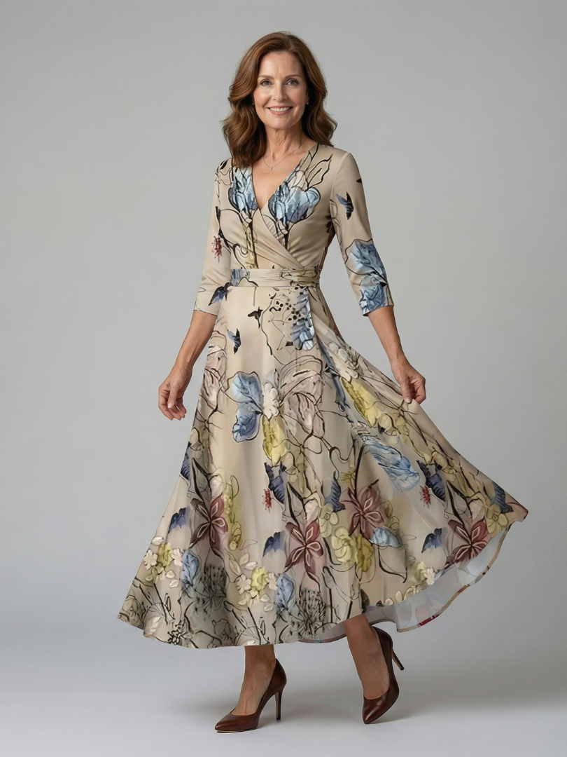 Flattering V-neck A-line floral wrap midi dress for women. Stylish, comfortable, and versatile.