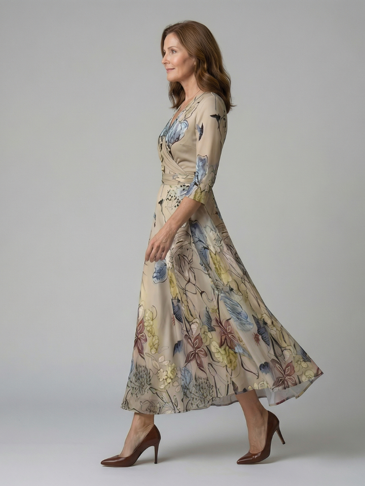 Spring floral wrap midi dress for women. Elegant, versatile choice for warm weather events & casual wear.