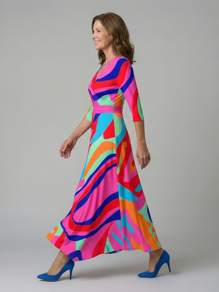 Versatile women's floral wrap midi dress. Easily styled for elegant events or casual summer outings.