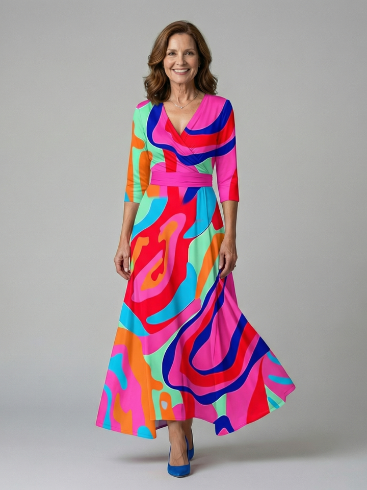 Party-ready women's elegant floral wrap midi dress. Flattering A-line for special spring/summer events.