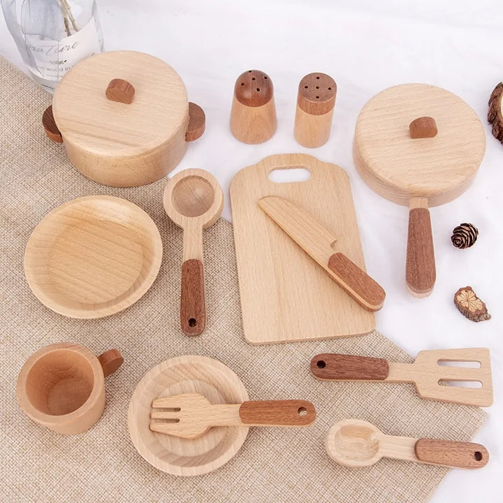 Kids' natural wood play kitchen with unique tree-trunk design, perfect for imaginative role-play for toddlers.