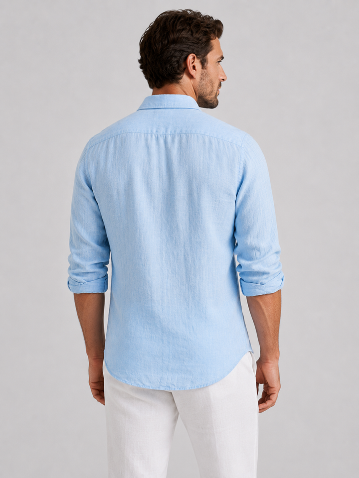 Lightweight men's long sleeve button-up shirt, ideal for a relaxed summer style or beach casual look.