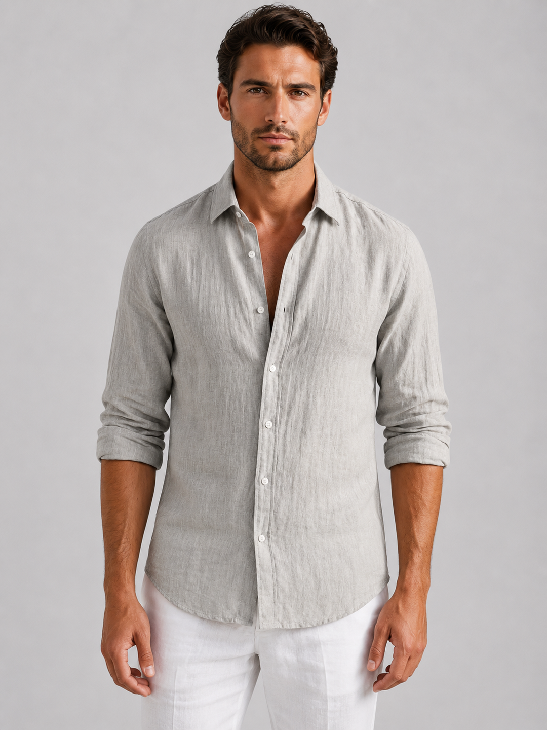 Stylish men's button-up shirt with a relaxed fit, perfect for a casual summer look or beach days.