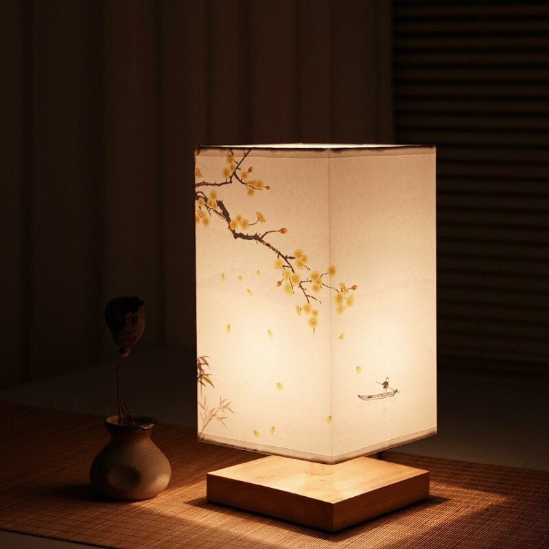 Elegant Japandi table lamp featuring a bamboo base and natural stone shade, ideal for home decor ambient light.