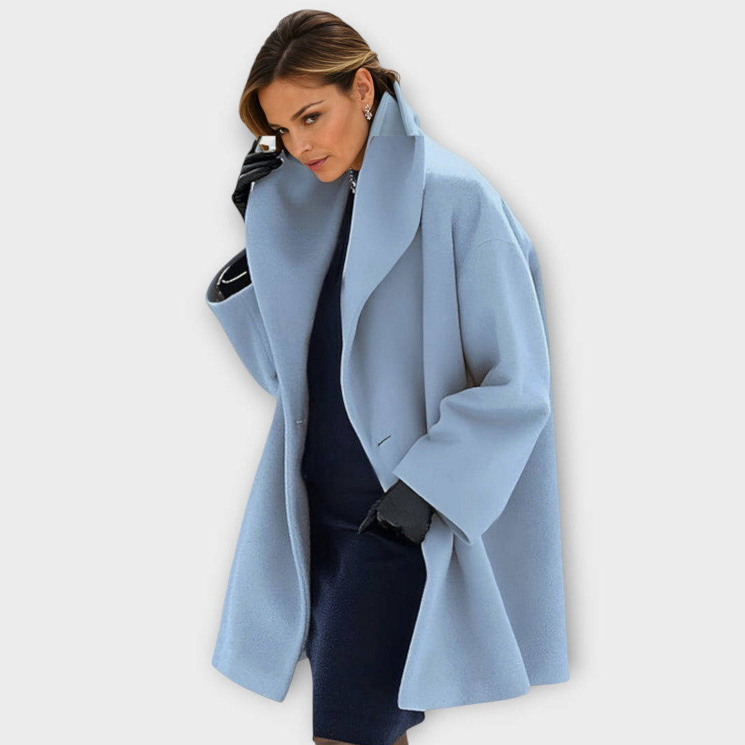 Chic women's elegant long wool coat, a stylish and warm option for cold weather.