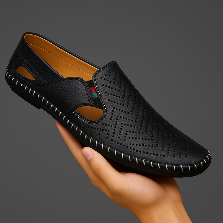 Relaxed fit men's perforated slides. Comfortable and breathable with woven stitch detail for summer.