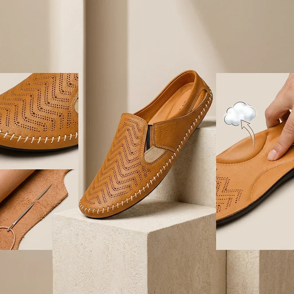 Men's perforated casual sandals with woven stitch detail. Comfortable slip-on summer shoes.