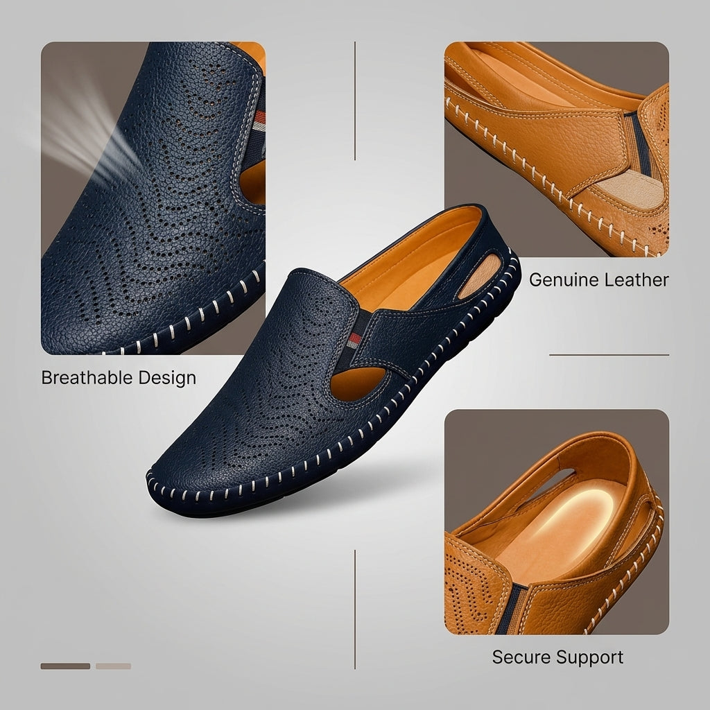 Comfortable men's perforated slides. Easy slip-on design with woven stitch detail for casual wear.