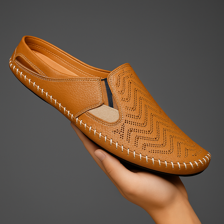 Classic men's perforated slides with unique woven stitch. Comfortable slip-on design for summer.