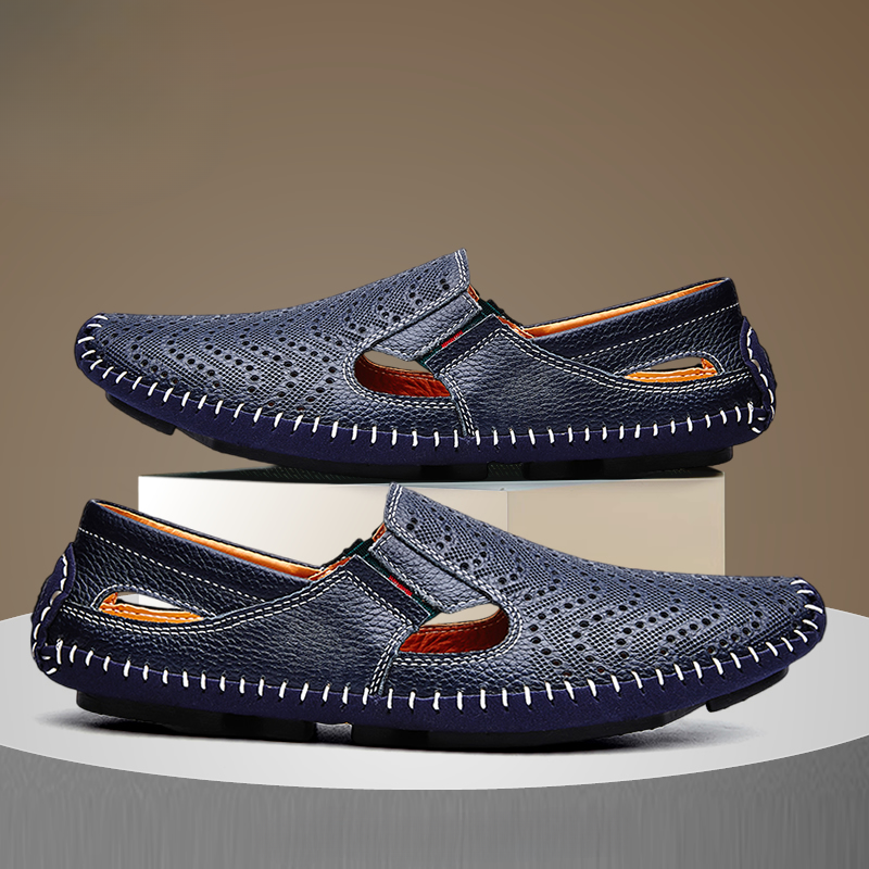 Classic men's perforated slides, featuring a woven stitch. Timeless casual summer footwear.