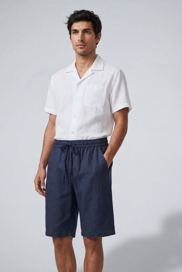 Comfortable men's pull-on linen shorts, ideal for summer, beach, or loungewear.