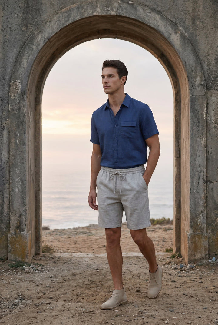 Casual men's drawstring linen shorts, relaxed fit for ultimate comfort in warm weather.