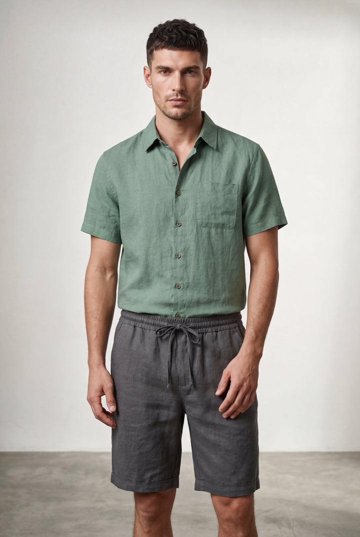 Men's relaxed fit linen shorts, a versatile drawstring style for summer and travel.