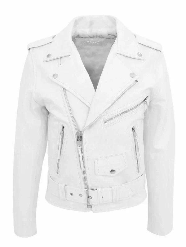 Men's classic white leather biker jacket. A stylish moto outerwear with a tailored fit, perfect for men's fashion.