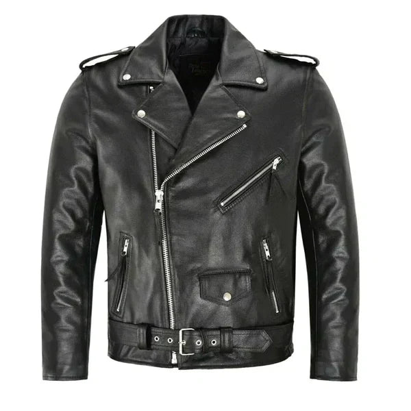 Men's classic black leather biker moto jacket with tailored fit. Stylish outerwear for men's fashion.