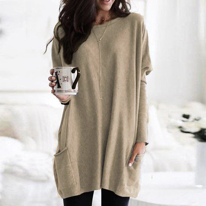Stylish women's round neck long sleeve tunic top, great for versatile everyday style.