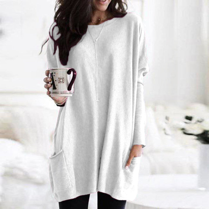 Soft women's long sleeve round neck tunic top, perfect for comfortable casual fall outfits.