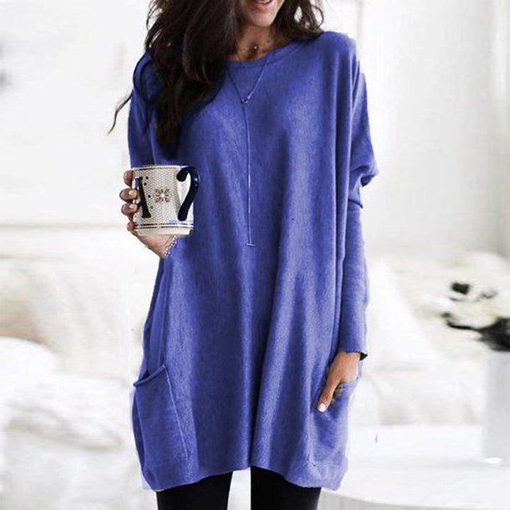 Chic women's long sleeve round neck tunic top, a versatile piece for comfortable fall fashion.