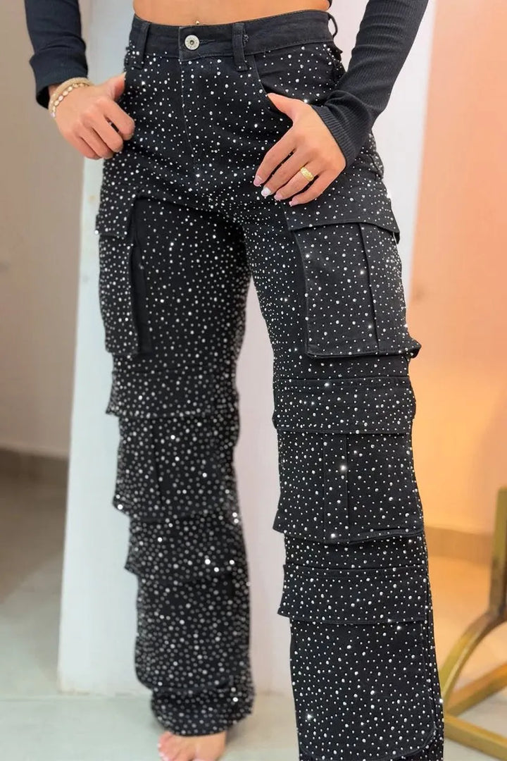 Stylish women's cargo pants with sparkling rhinestone embellishments. A trendy fashion statement piece for women.