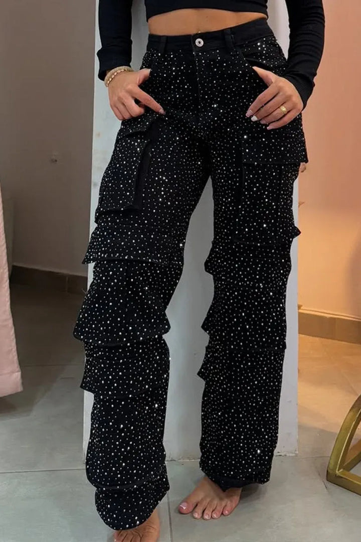 Women's rhinestone embellished cargo jeans. Trendy casual chic women's fashion bottoms with utility pockets.