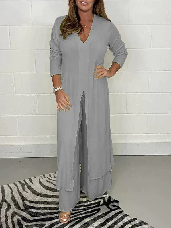 Everyday chic women's two-piece casual set: a comfortable top and flowing wide-leg pants for an easy, stylish outfit.