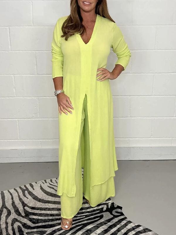 Versatile women's two-piece casual suit set, including a top and wide-leg pants, suitable for all-season comfort.