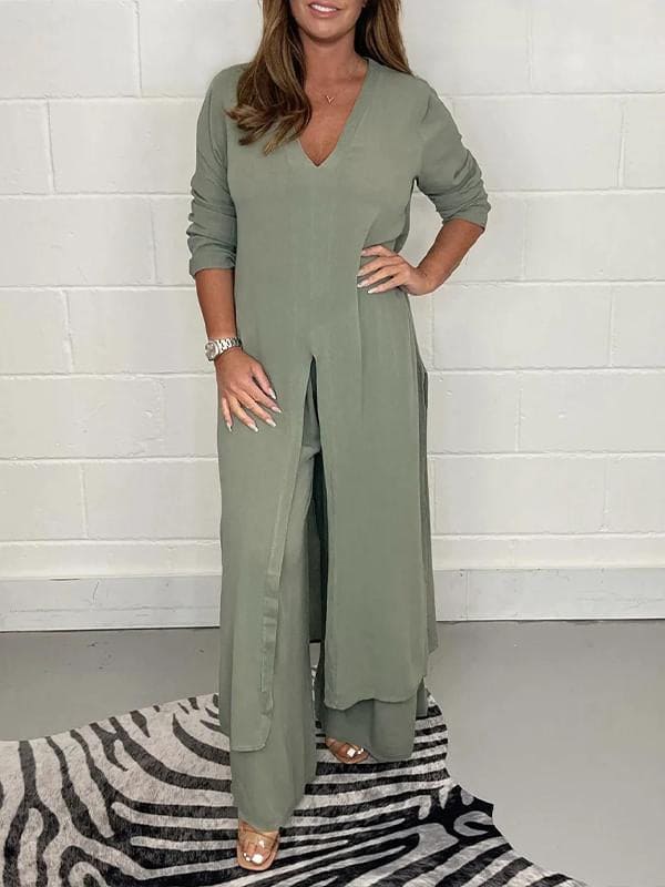 Women's casual two-piece suit set featuring a comfortable top and stylish wide-leg pants, perfect for everyday wear.