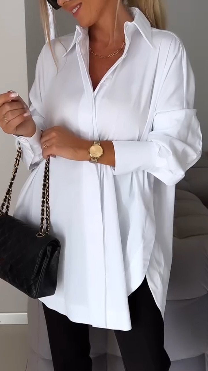 Sophisticated women's long sleeve blouse with classic lapel, perfect for elegant office attire.