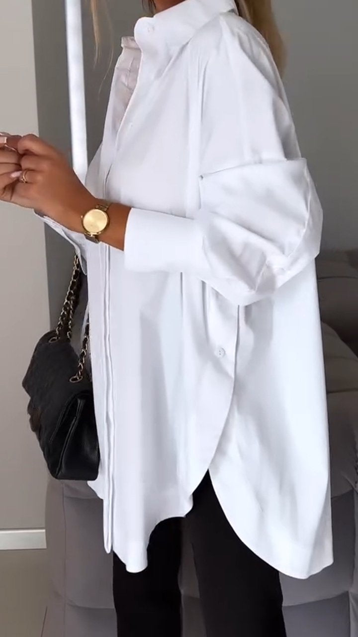 Women's long sleeve blouse featuring an elegant lapel, versatile for work or smart casual style.