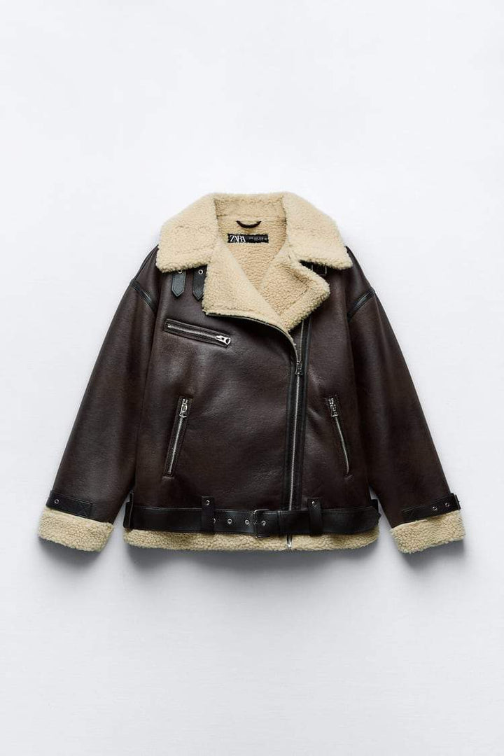 Chic women's brown insulated lapel jacket. Water-repellent and warm, great for stylish all-season layering.