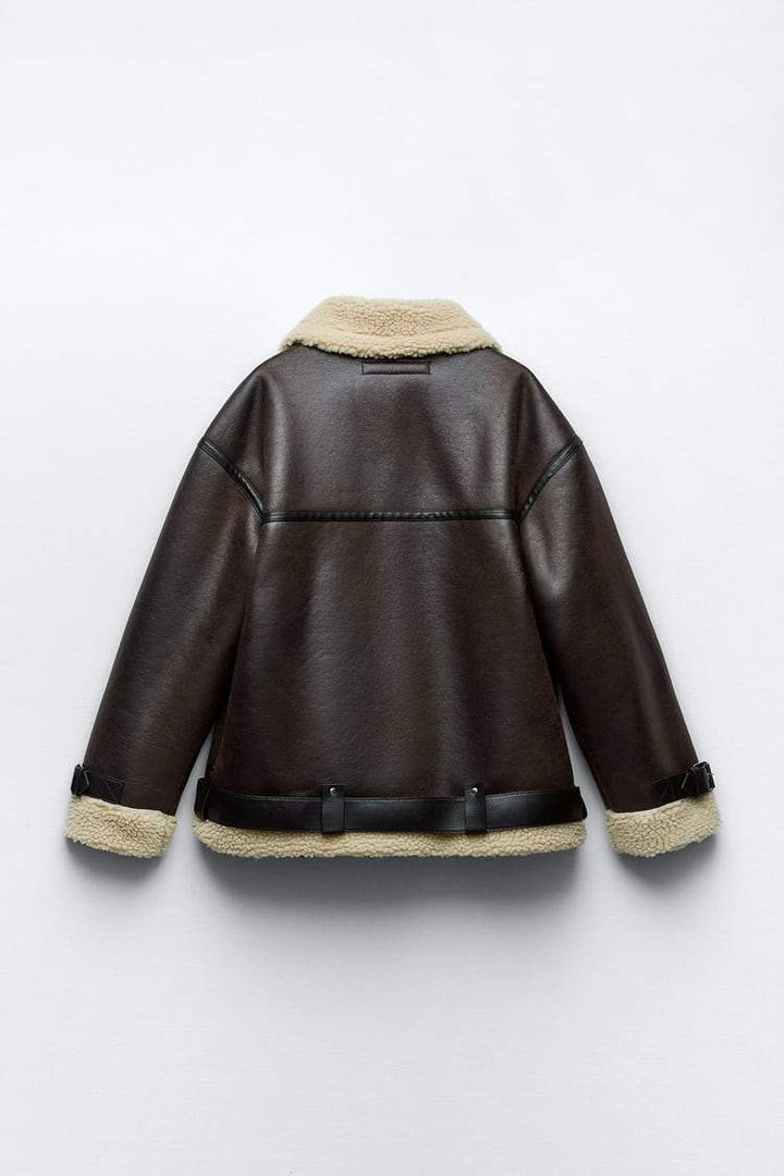Brown women's lapel insulated jacket, water-repellent & stylish. Perfect all-season outerwear.