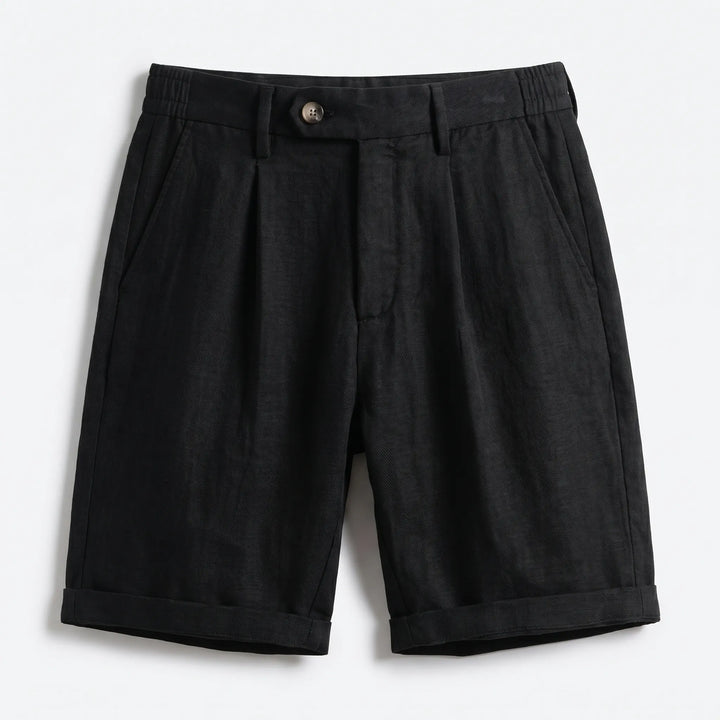 Lightweight men's linen shorts, classic pleated design, turn-up cuffs. Great for warm weather & travel fashion.