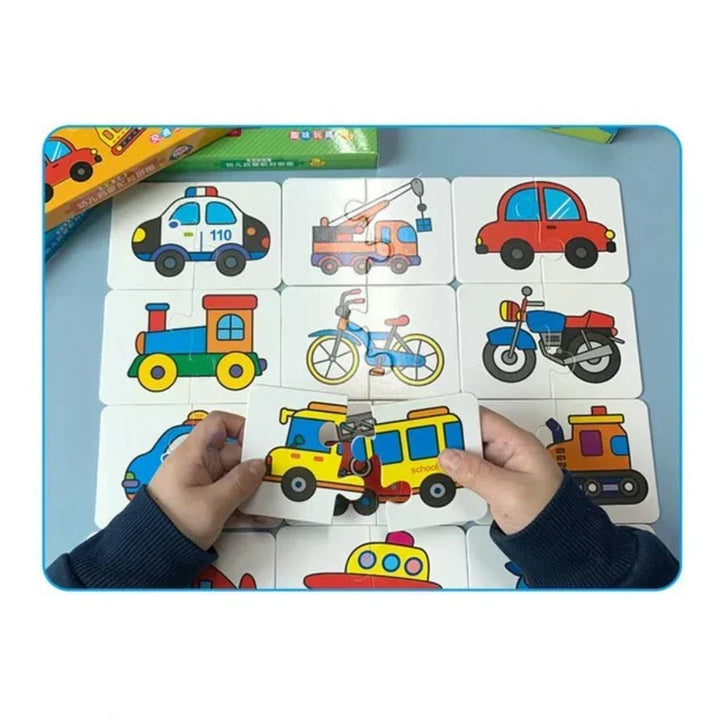 Child concentrating on matching pairs in an educational memory card game, improving focus and recall.
