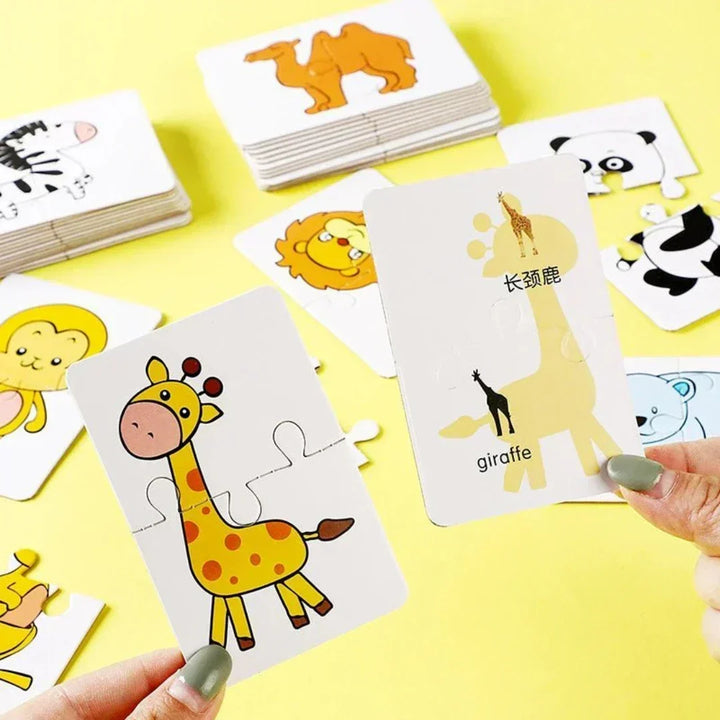 Close-up of colorful memory game cards, featuring cartoon animals for kids' visual and cognitive learning.