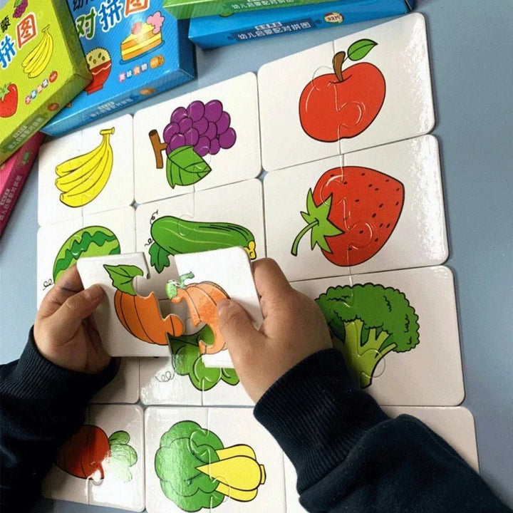 Kids playing an educational memory card game, matching vibrant images for early learning and concentration.
