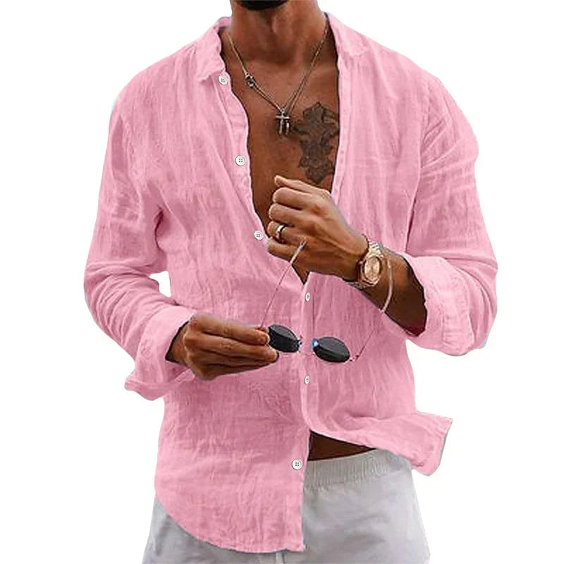White relaxed fit men's linen shirt, button-up style, comfortable & breathable for beachwear.