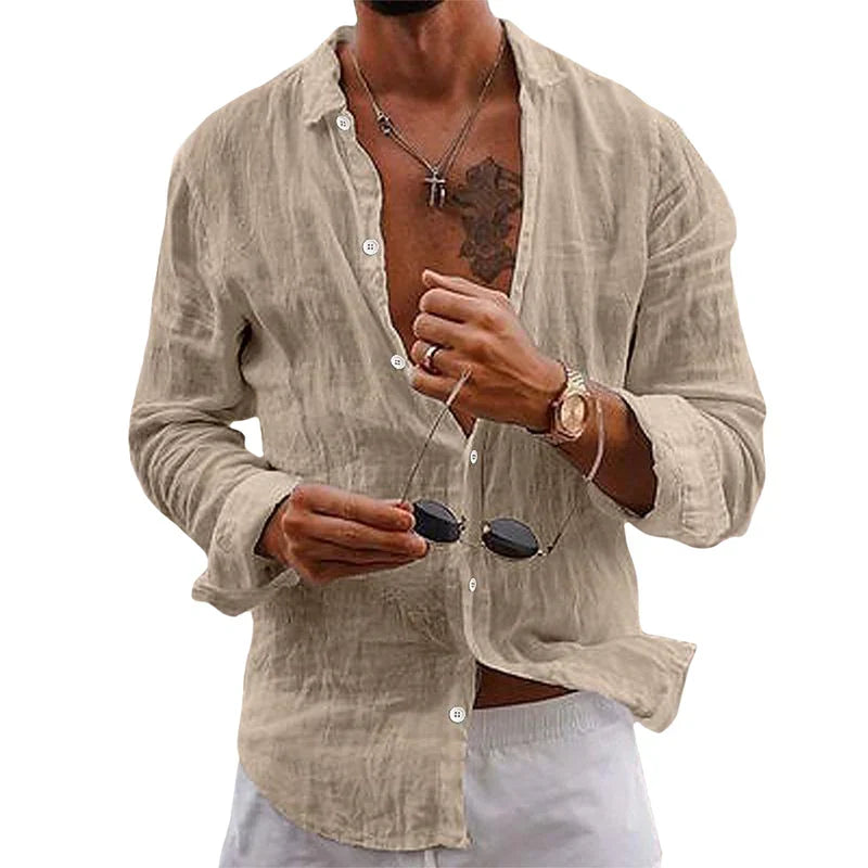Stylish men's linen button-up shirt, relaxed fit, ideal for warm weather, casual & everyday comfort.