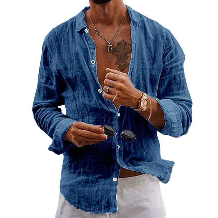 Comfortable men's linen button-up shirt, relaxed fit, great for warm weather, summer fashion & everyday wear.